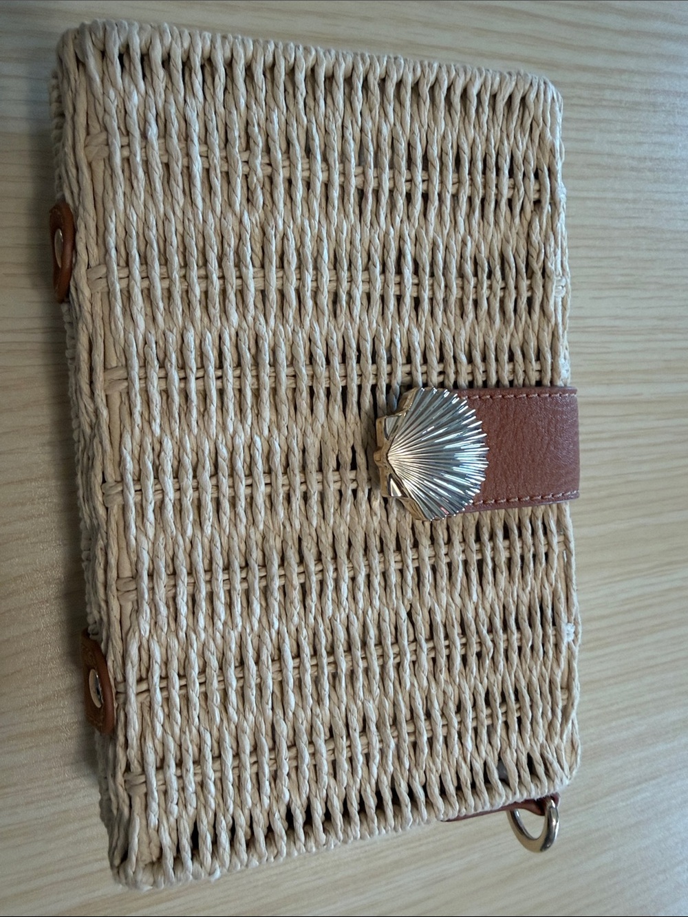LC Lauren Conrad Cream Woven Clutch with Tan Leather Strap & Silver Shell